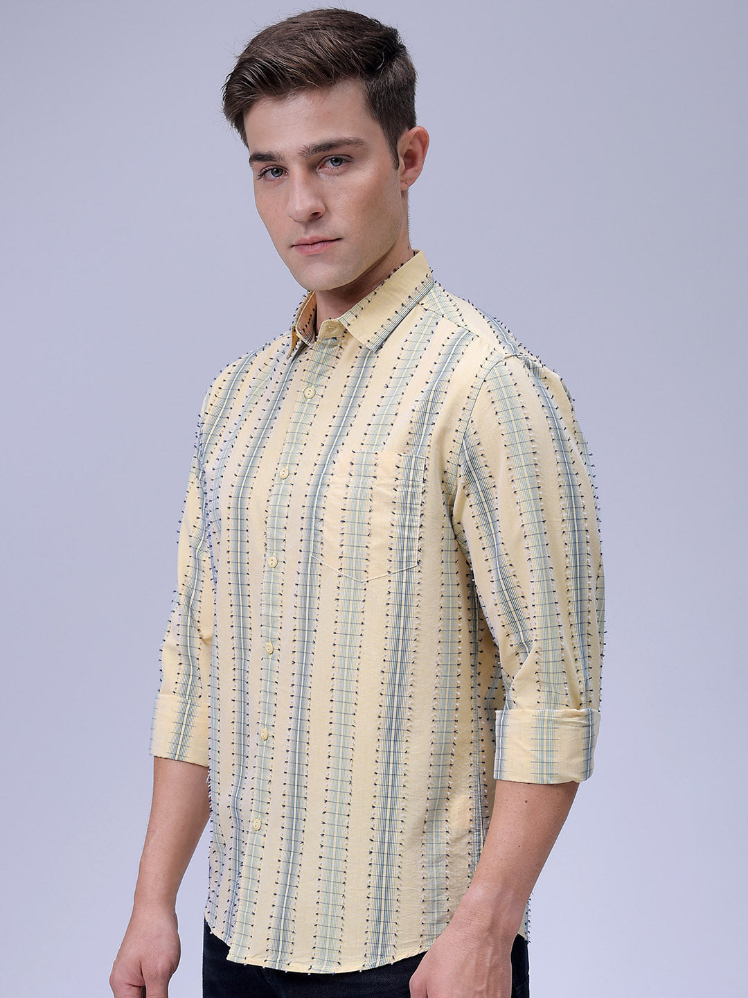Men's Yellow Slim Fit Dobby Textured Casual Shirt