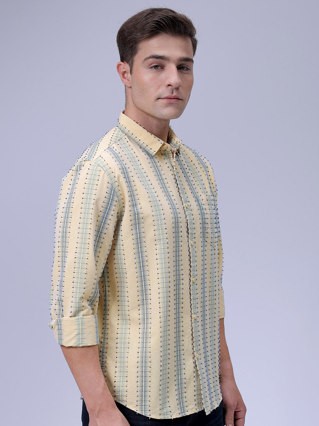 Men's Yellow Slim Fit Dobby Textured Casual Shirt