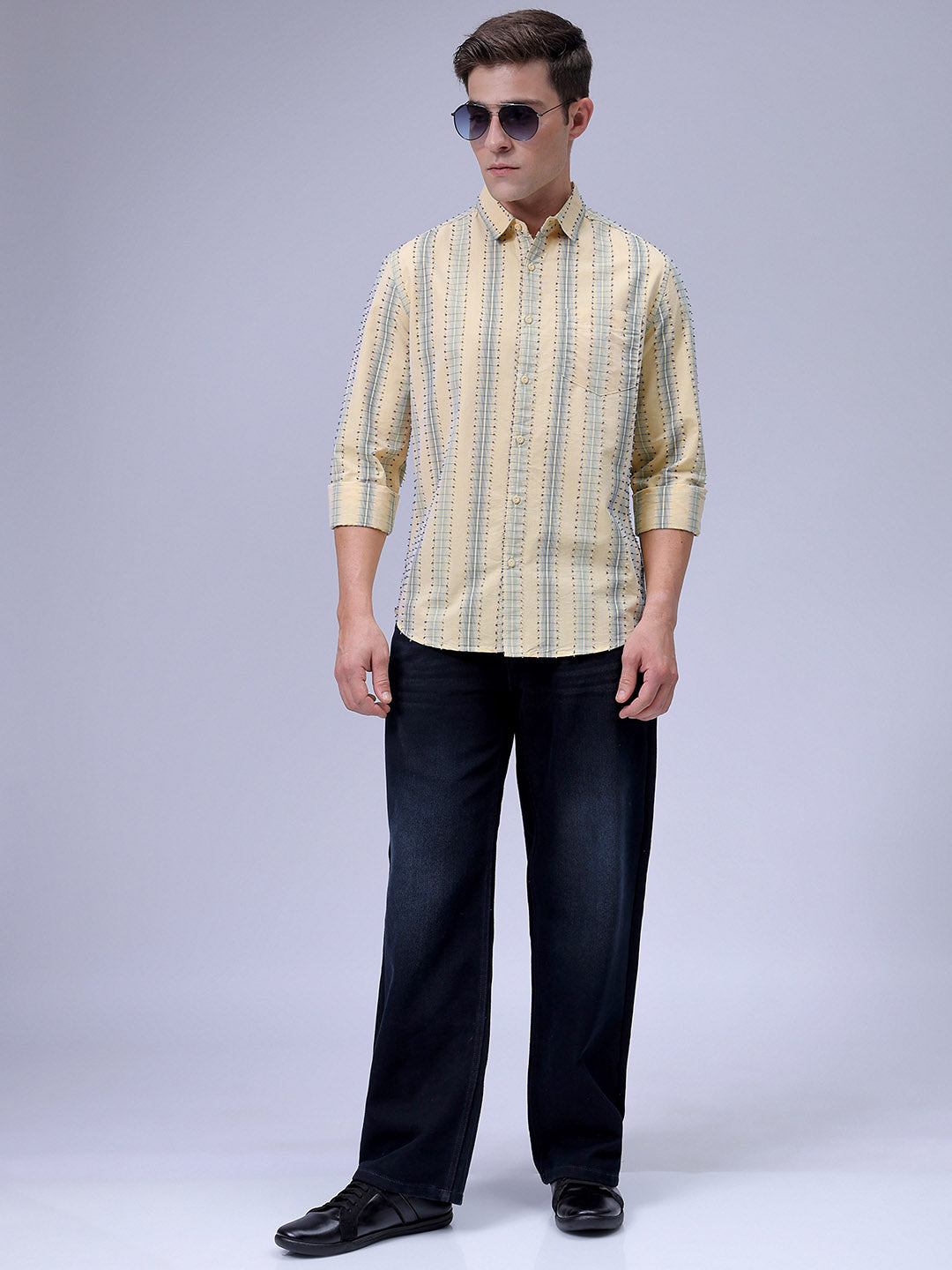 Men's Yellow Slim Fit Dobby Textured Casual Shirt