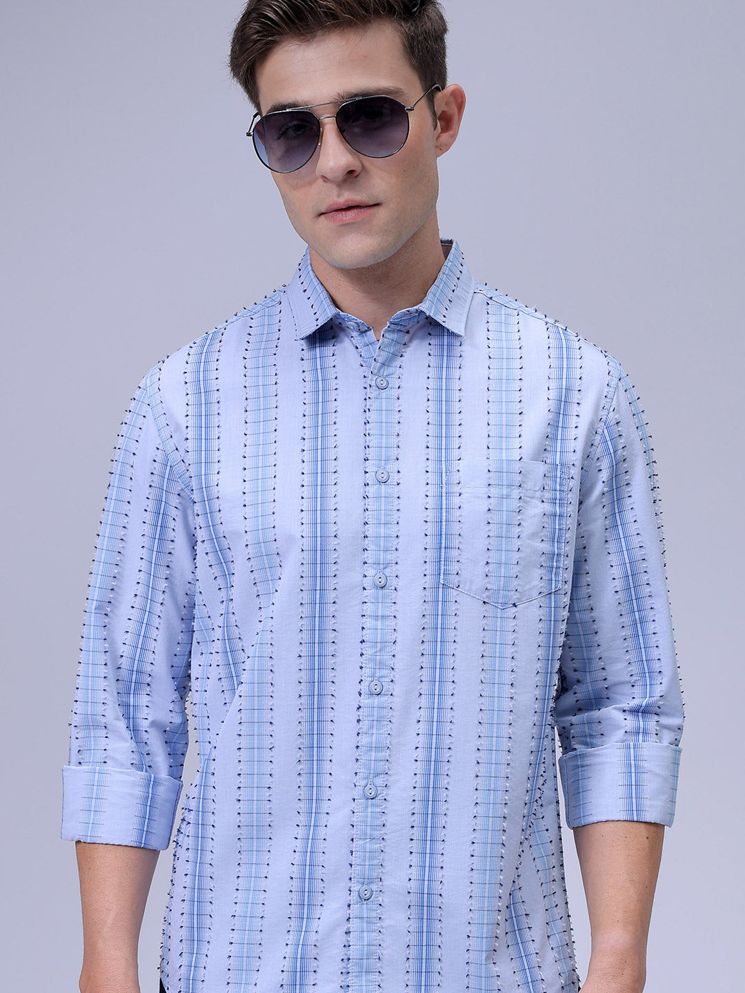 Men's Blue Slim Fit Dobby Textured Casual Shirt