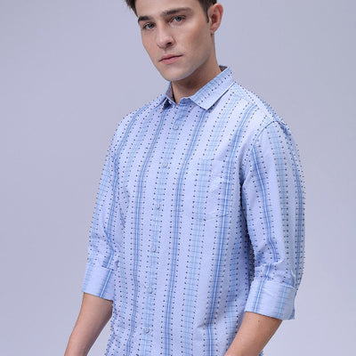 Men's Blue Slim Fit Dobby Textured Casual Shirt