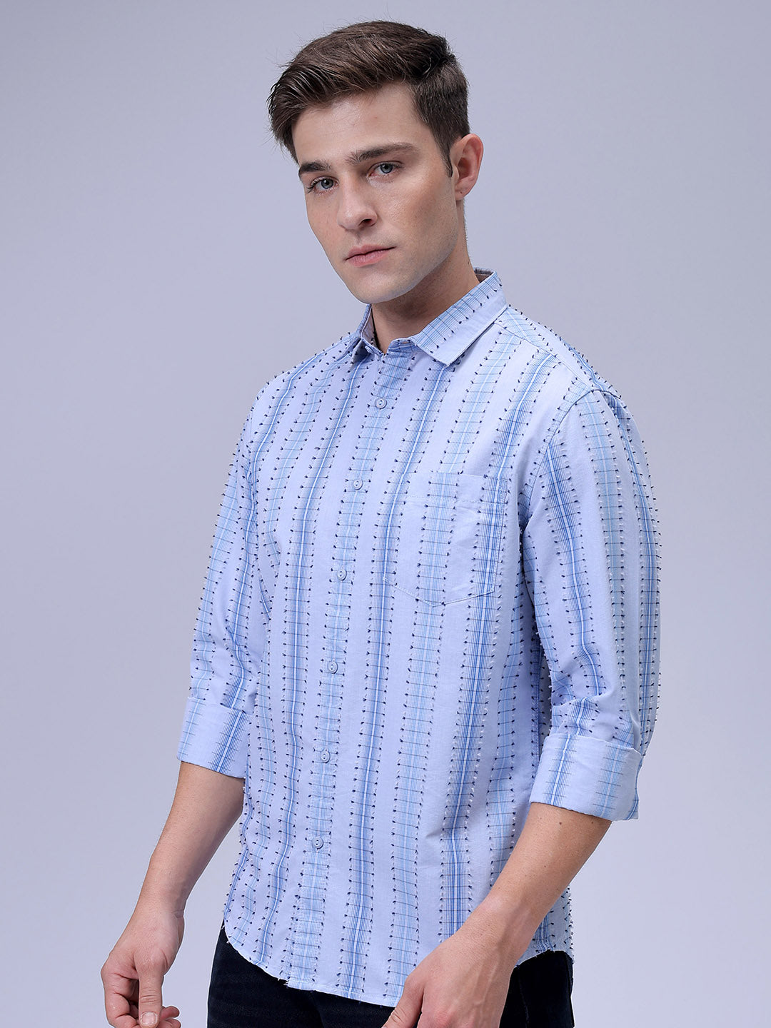 Men's Blue Slim Fit Dobby Textured Casual Shirt