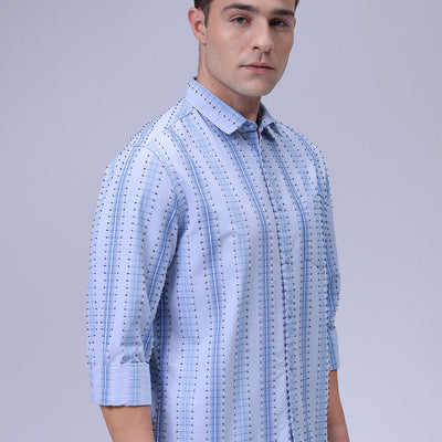 Men's Blue Slim Fit Dobby Textured Casual Shirt