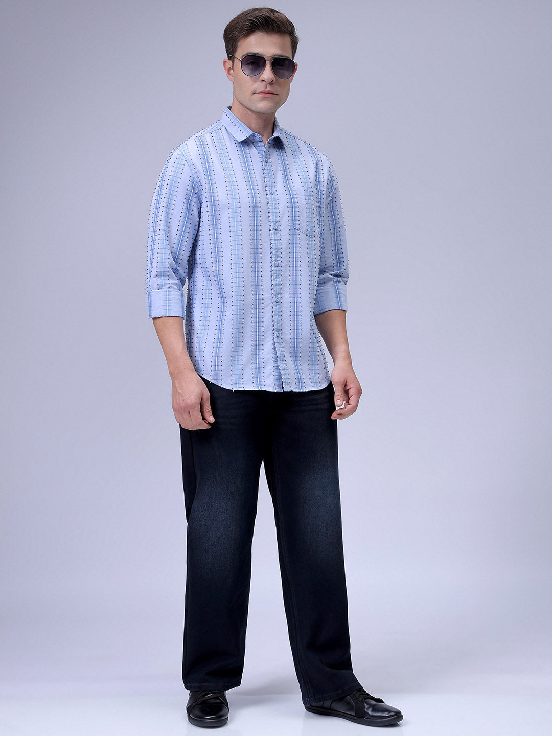 Men's Blue Slim Fit Dobby Textured Casual Shirt