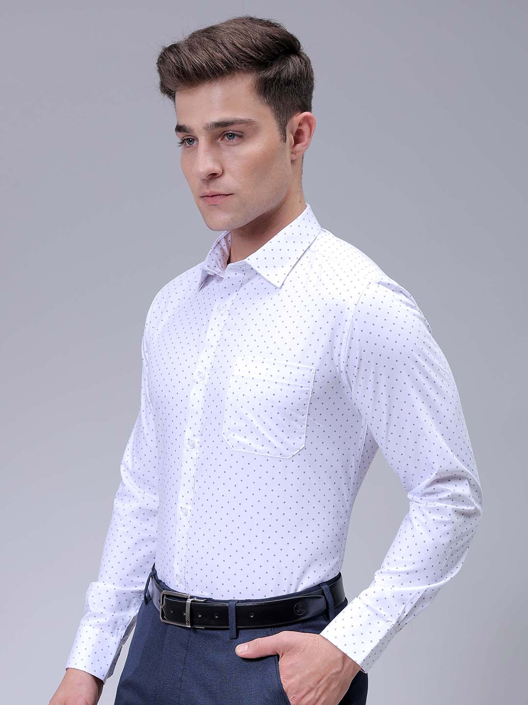 Men's White Slim Fit Ditsy Printed Formal Shirt