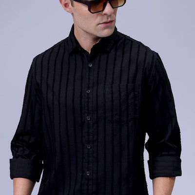 Men's Black Slim Fit Textured Casual Shirt