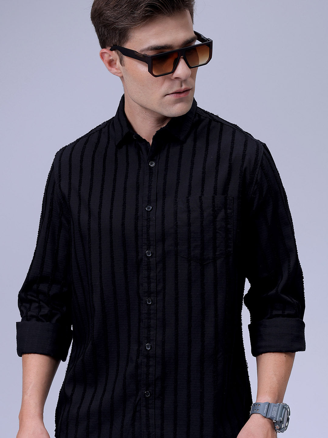 Men's Black Slim Fit Textured Casual Shirt