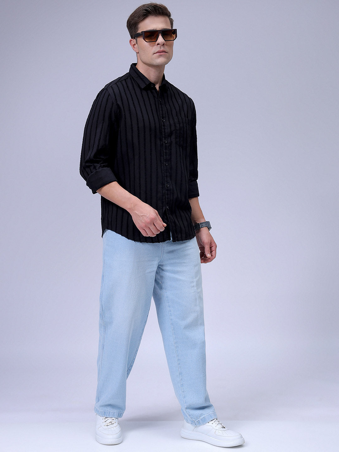 Men's Black Slim Fit Textured Casual Shirt