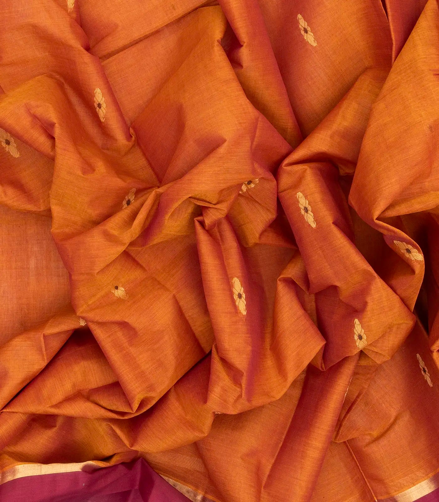 Orange Handloom Village Cotton Saree With Floral Buttas