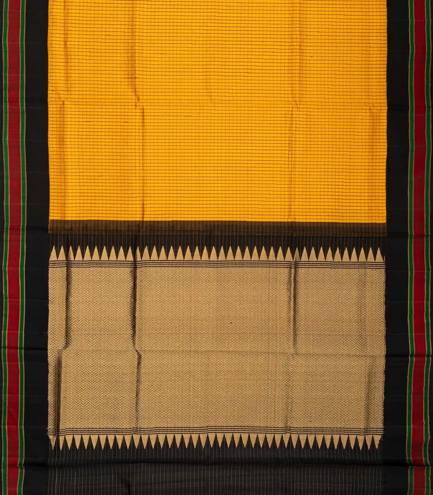 Mustard Handloom Soft Silk Saree With Checks & Contrast Border