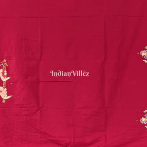 Reddish Maroon Arjuna Bows to Navagunjara Hand-Painted Pattachitra Saree