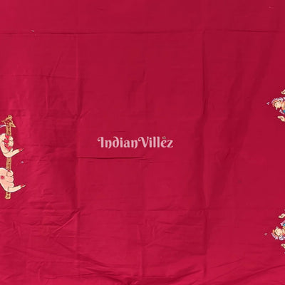 Reddish Maroon Arjuna Bows to Navagunjara Hand-Painted Pattachitra Saree