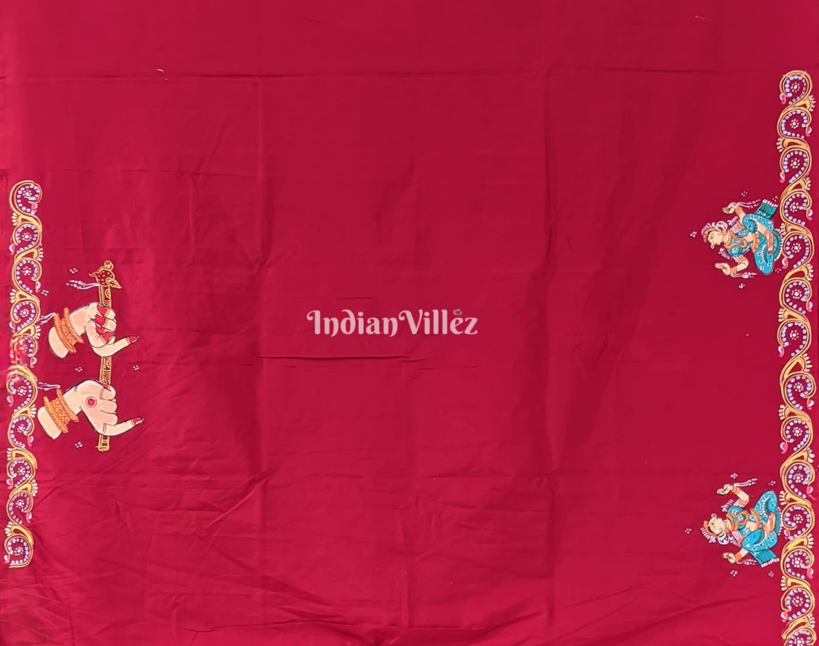 Reddish Maroon Arjuna Bows to Navagunjara Hand-Painted Pattachitra Saree