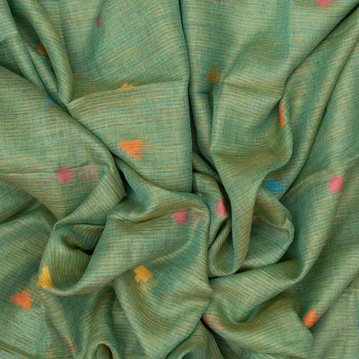 Aquamarine Handloom Linen Saree With Temple Buttas