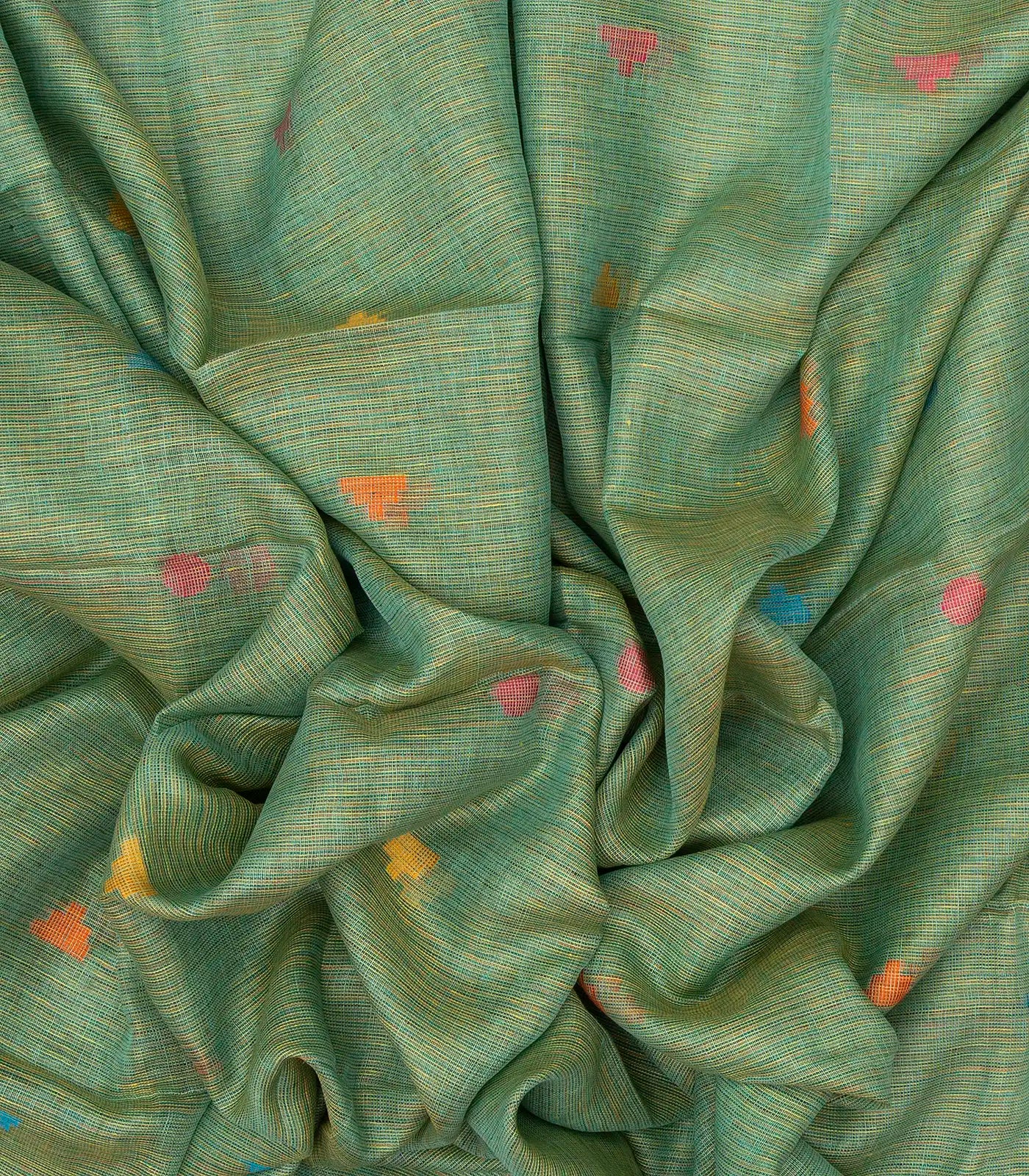 Aquamarine Handloom Linen Saree With Temple Buttas