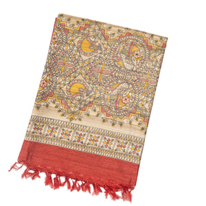 Crimson Handloom Tussar Silk Saree With Printed Fish Motifs