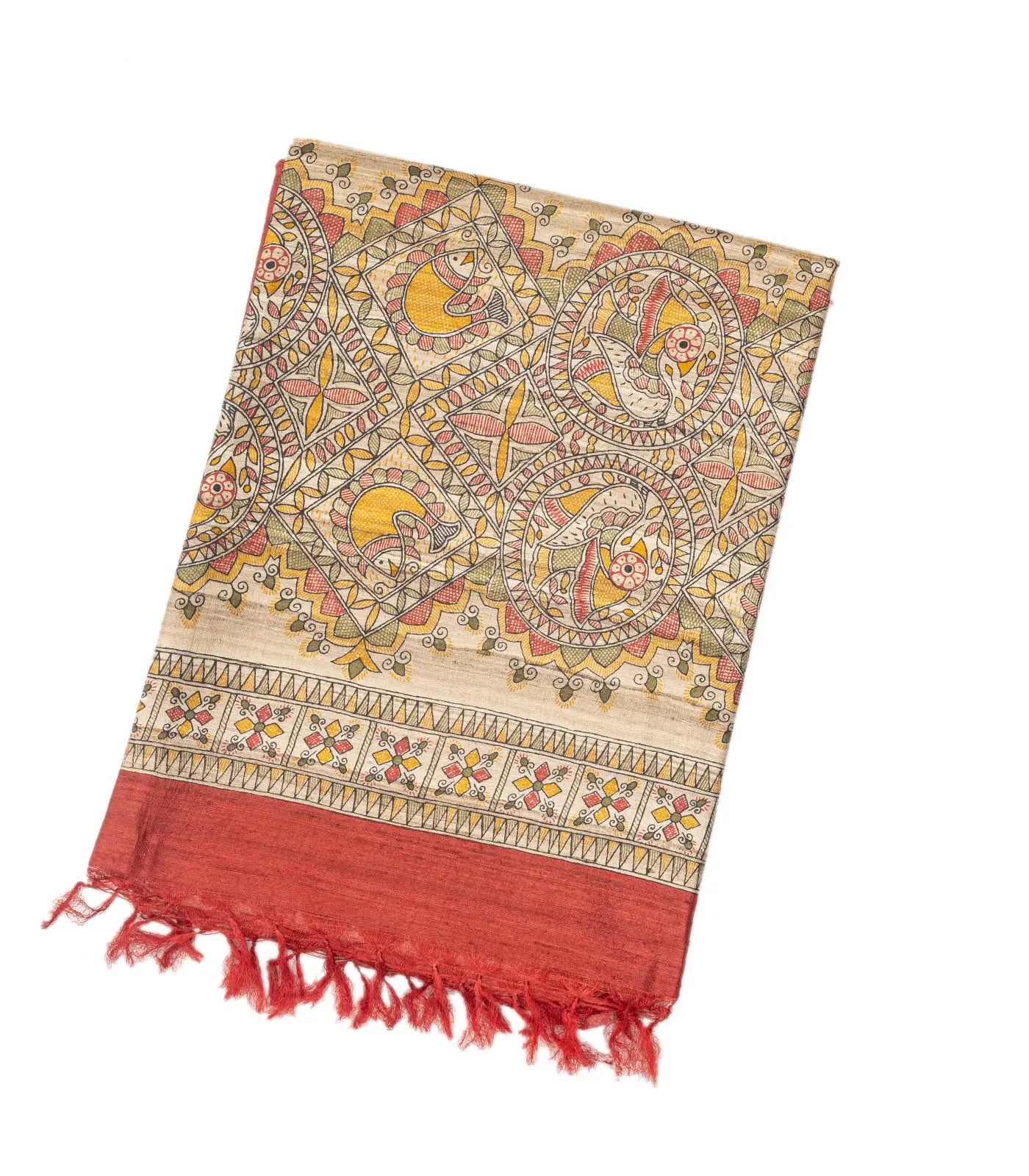 Crimson Handloom Tussar Silk Saree With Printed Fish Motifs