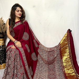 Fine Modal Silk Authetic Hand blocked Ajrakh Print Saree