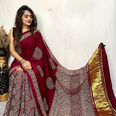 Fine Modal Silk Authetic Hand blocked Ajrakh Print Saree