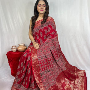 Dola Silk Original Handblocked  Ajrakh work Saree