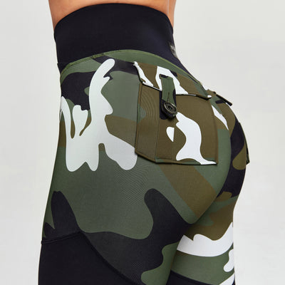 V-Waist Gym Leggings - White Green Camo