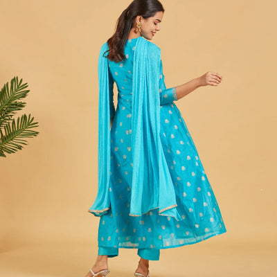 Turquoise And Gold Anarkali Set