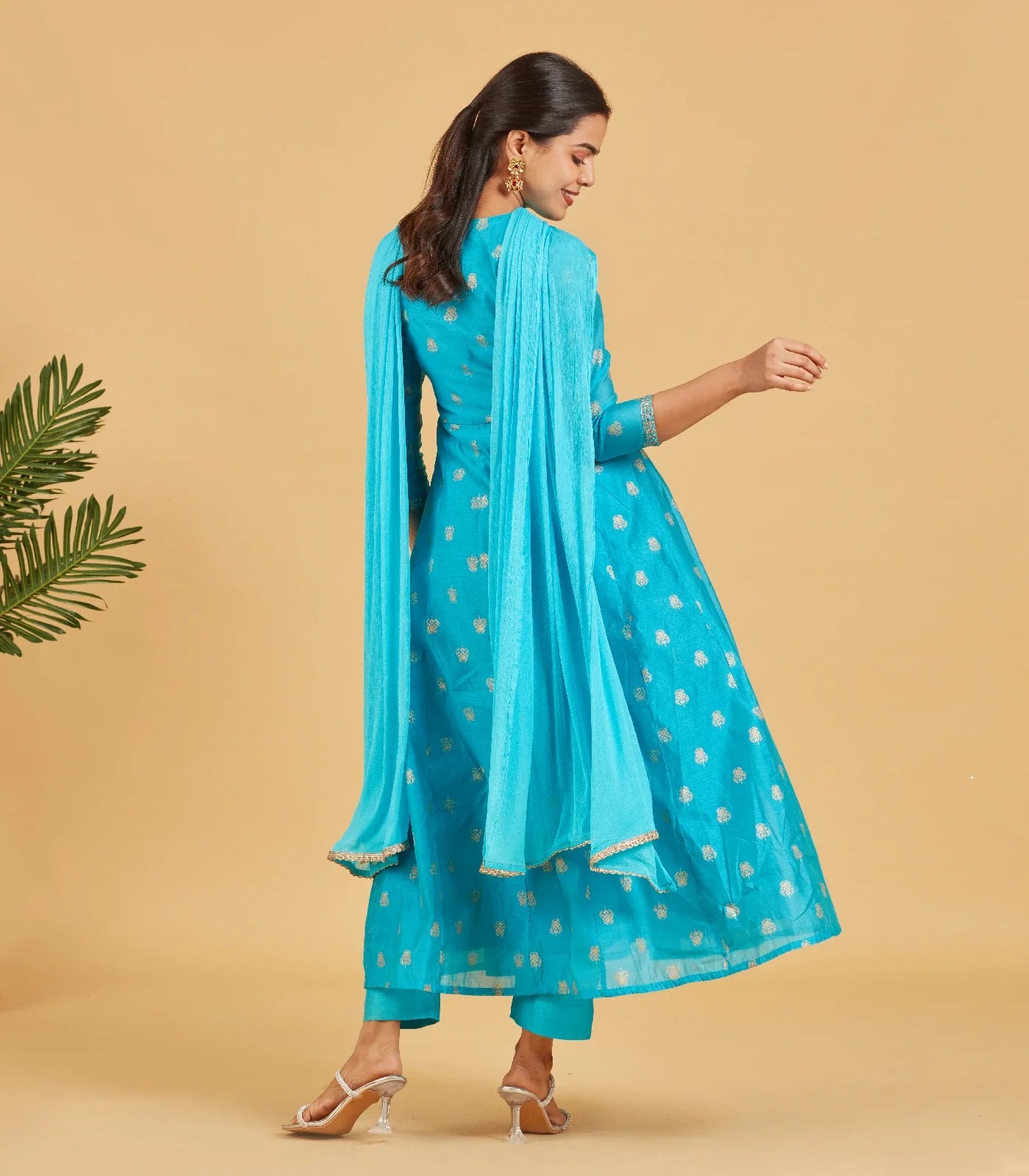 Turquoise And Gold Anarkali Set