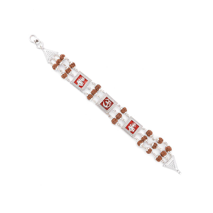 Rudraksha Silver Om With Ganesh Tripal Line Bracelet