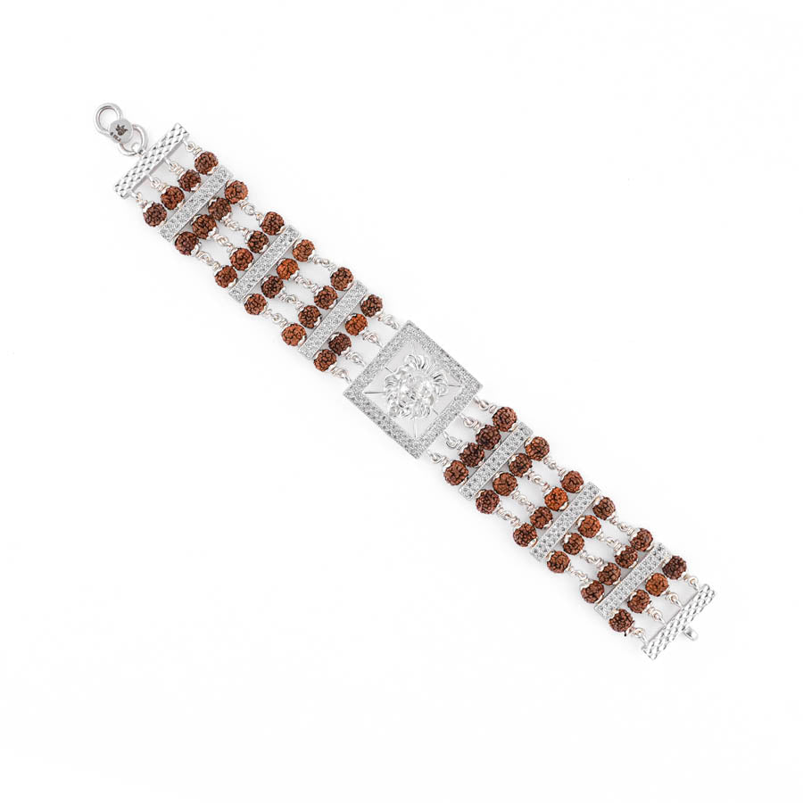 Rudraksha Silver Roaring Lion Four Linne Bracelet