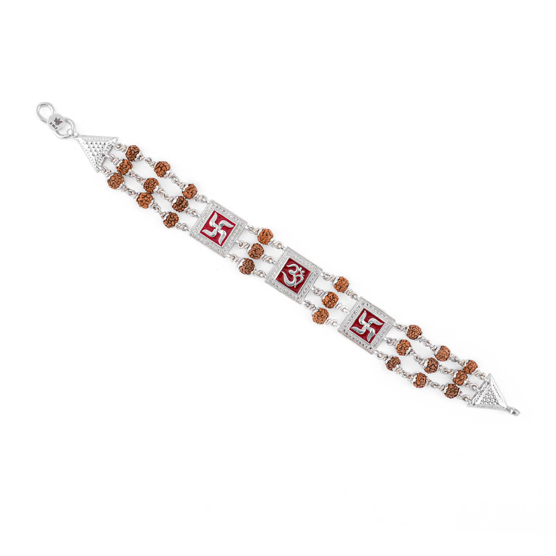 Rudraksha Silver Om With Swastik Tripal Line Bracelet
