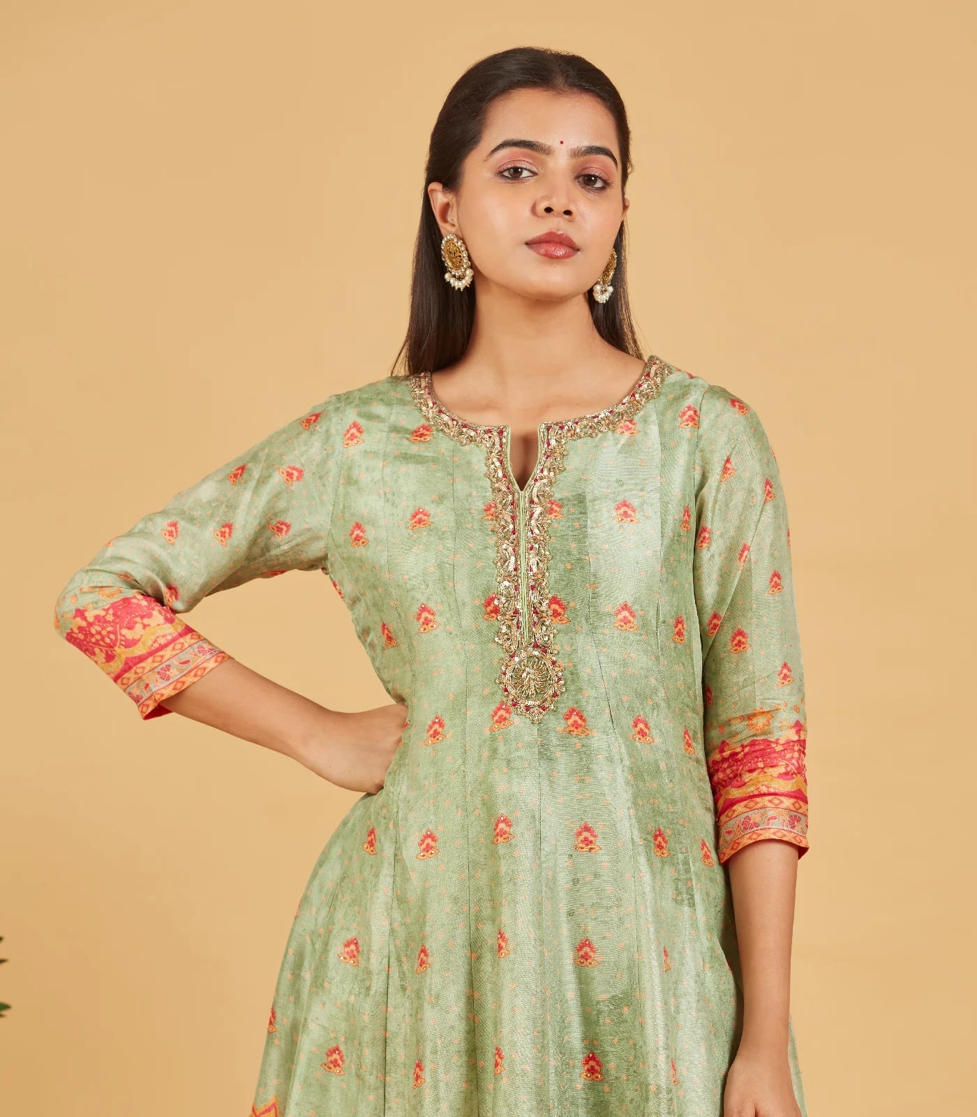 Misty Green Anarkali Set With Matching Dupatta