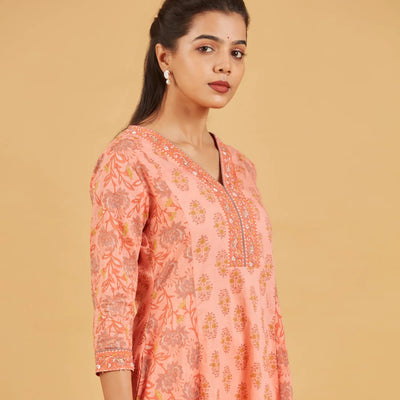 Peach Floral Printed Kurta Set With Matching Dupatta