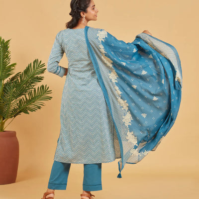 Classic Blue Cotton Kurta Set With Matching Dupatta