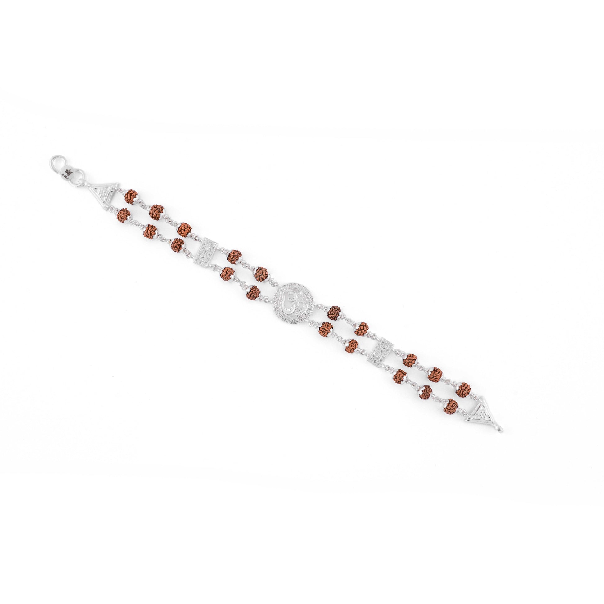 Silver Rakhi with Original Rudraksha, Central Om in Circular Sphere, Double Line Design for Men