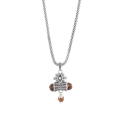 Rudraksha Damru & Lord Shiva Third Eye Pendant with Silver Chain