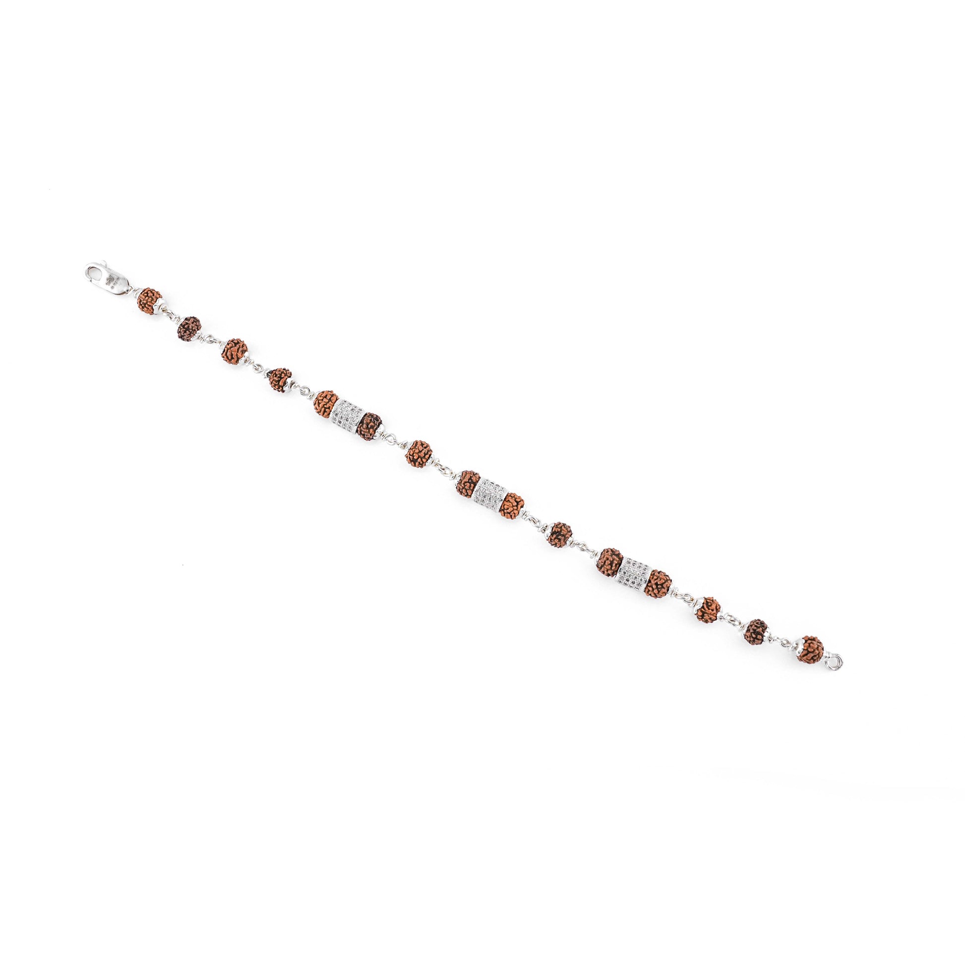 Silver Rakhi with Rudraksha and Three Diamond Cylinders