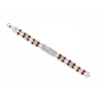 Rudraksha Silver Bracelet with Jaguar in Square Shape Double Line for Men