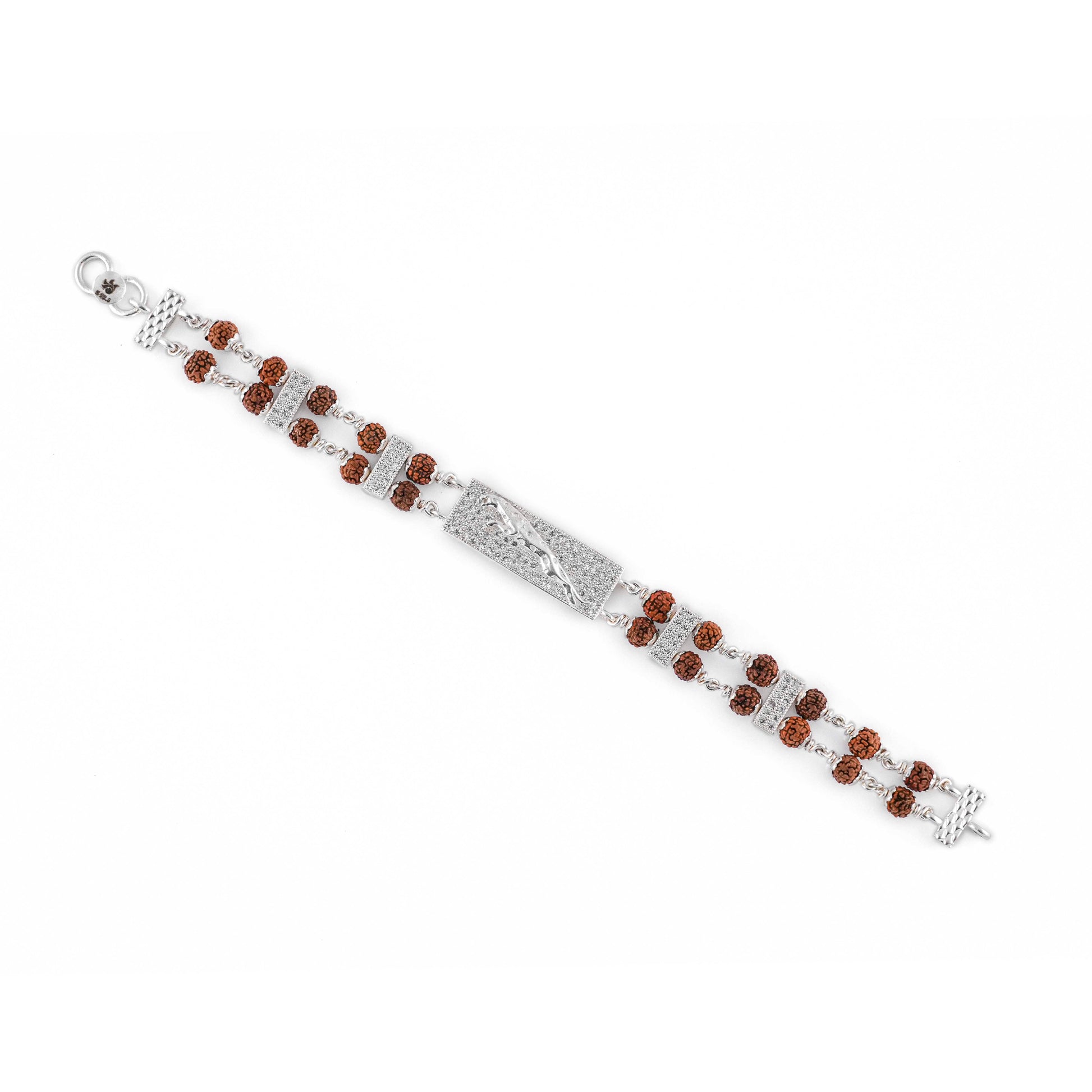 Rudraksha Silver Bracelet with Jaguar in Square Shape Double Line for Men
