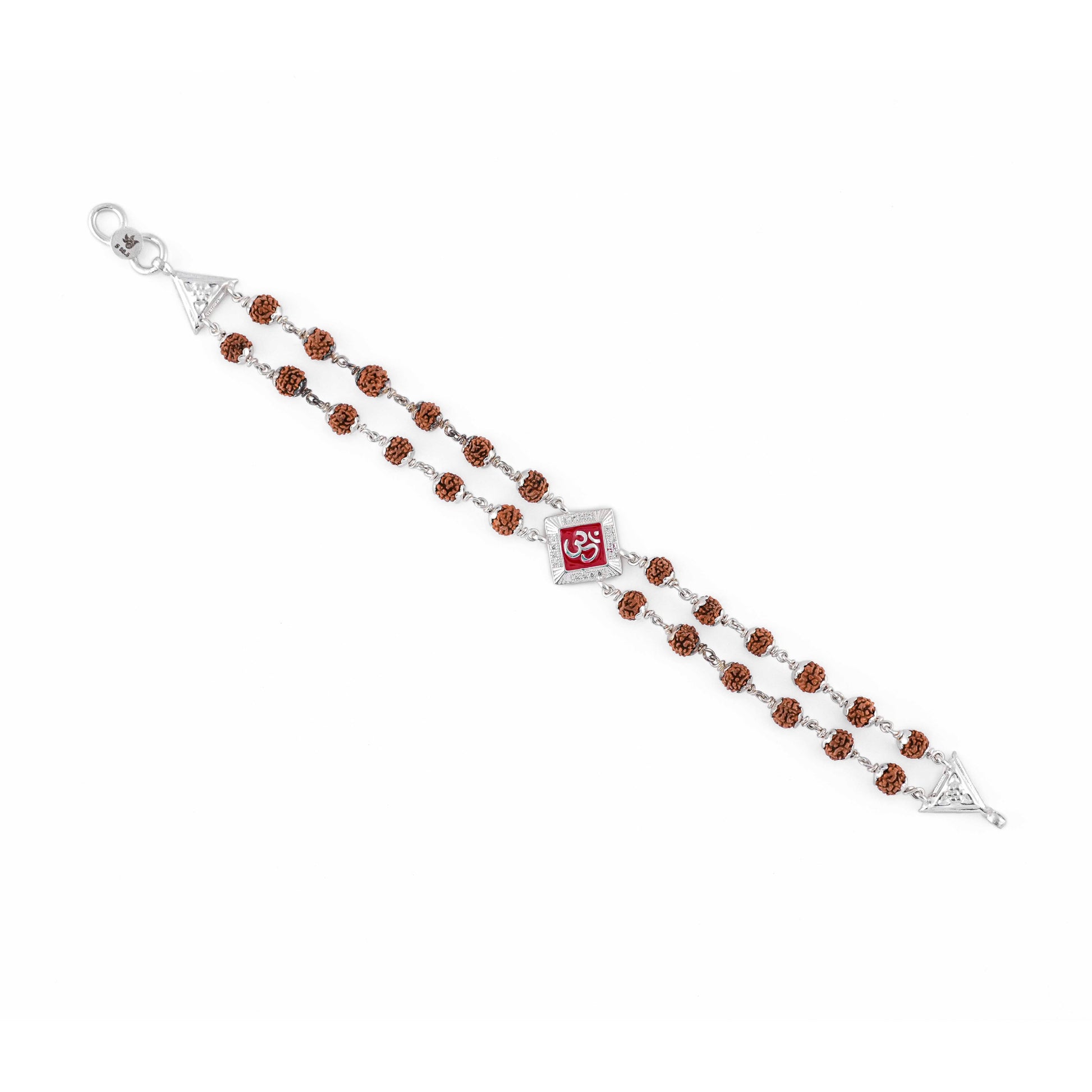 Silver Rakhi with Rudraksha and Om, Red-Colored Double Line Design