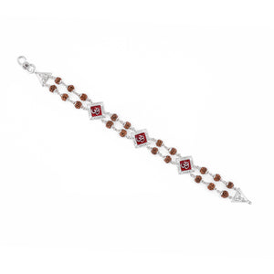 Silver Rakhi with Rudraksha, Om, and Three Rhombus Brooches, Double Line Design