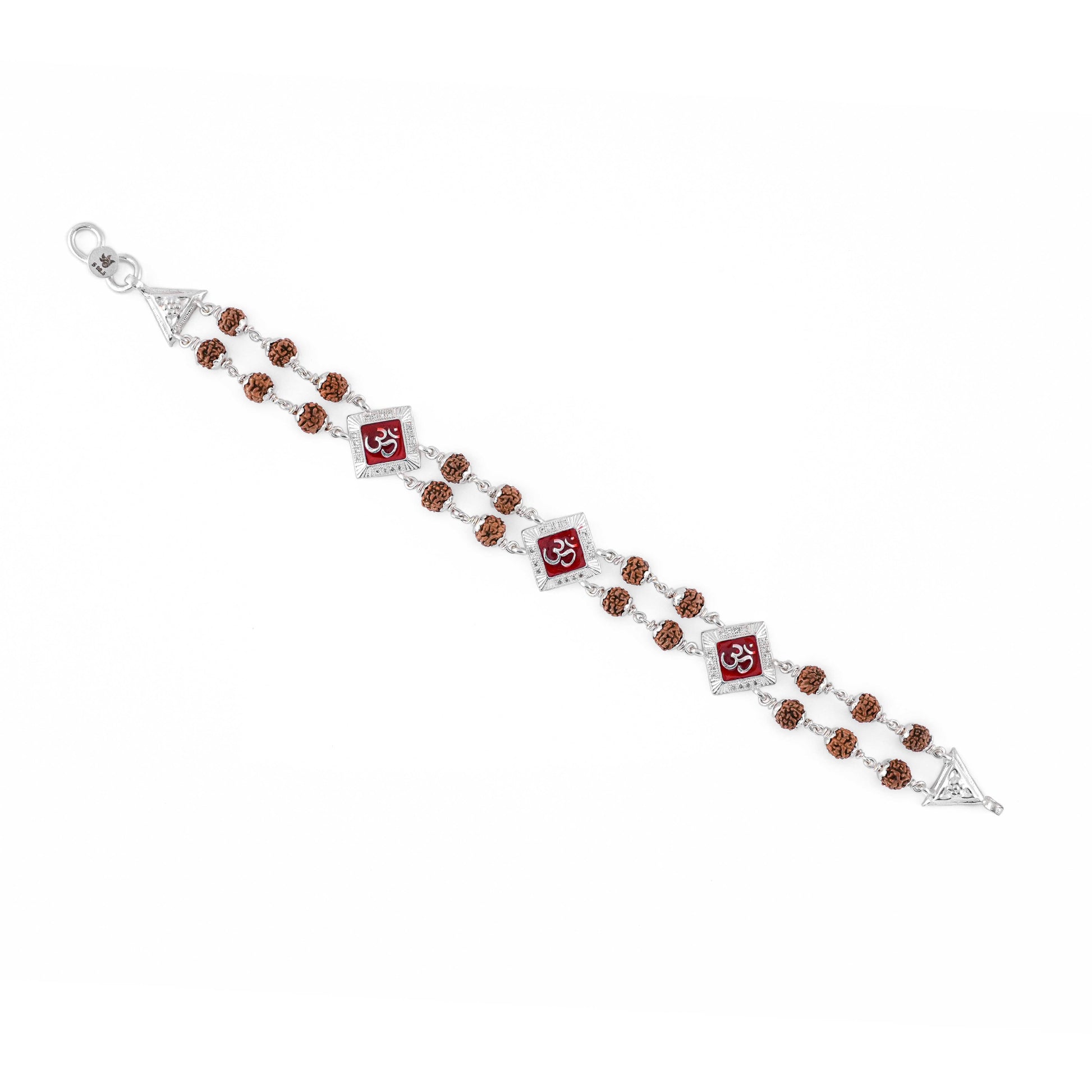 Rudraksha Silver Om Three Rhombus Brooch Double Line Bracelet