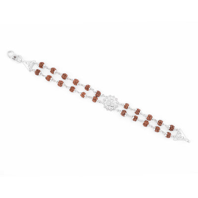 Silver Rakhi with Rudraksha, Om Flower Design, Double Line Bracelet