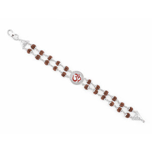Silver Rakhi with Rudraksha, Om in Round Shape, Double Line Bracelet