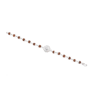 Silver Rakhi with Om in a Concave Sphere and Single Line Rudraksha