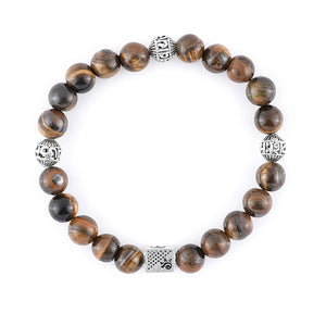 Tiger Eye Stone with Om Namah Shivay Silver Beads Bracelet