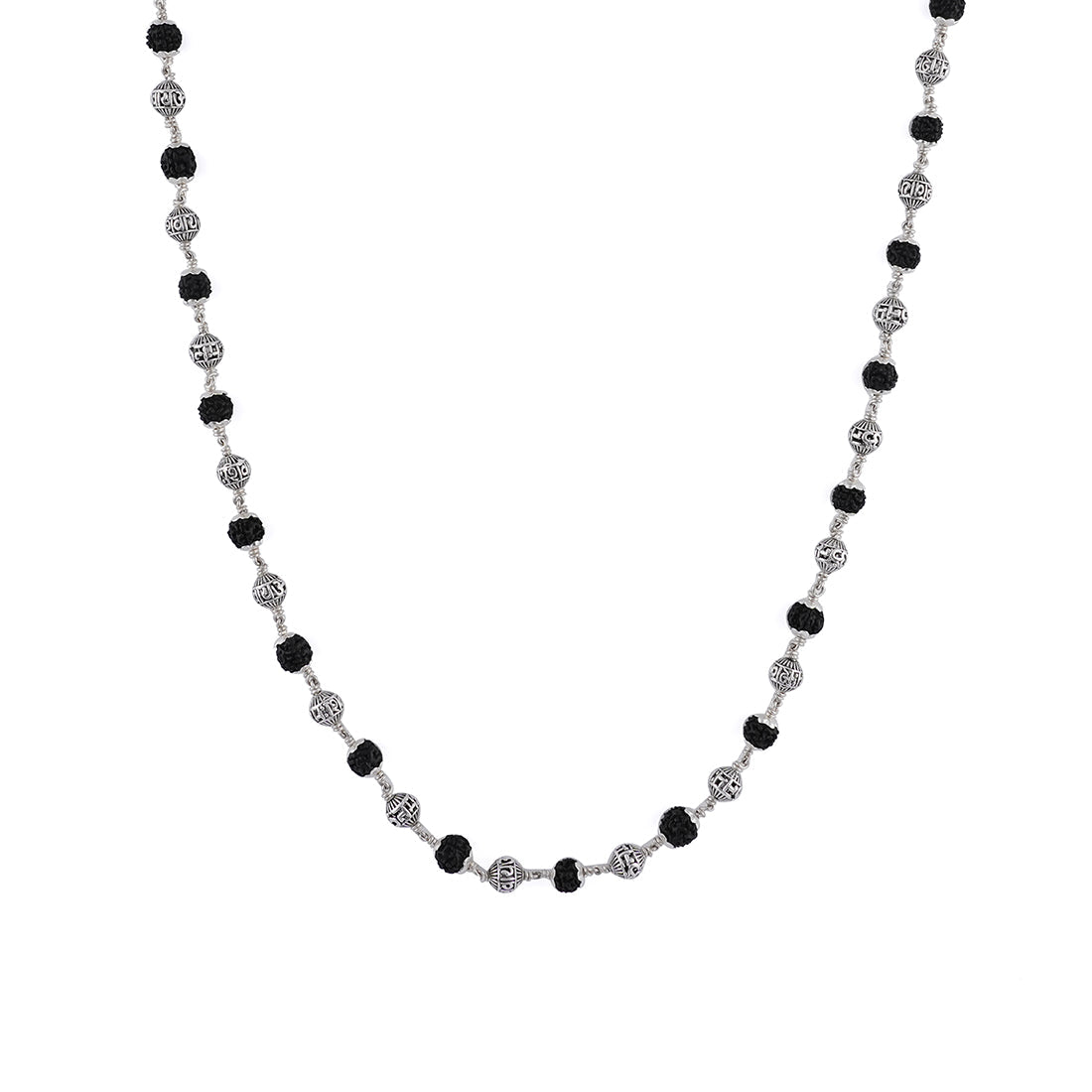 BLACK RUDRAKSHA WITH OM NAMAH SHIVAY SILVER BEADS MALA