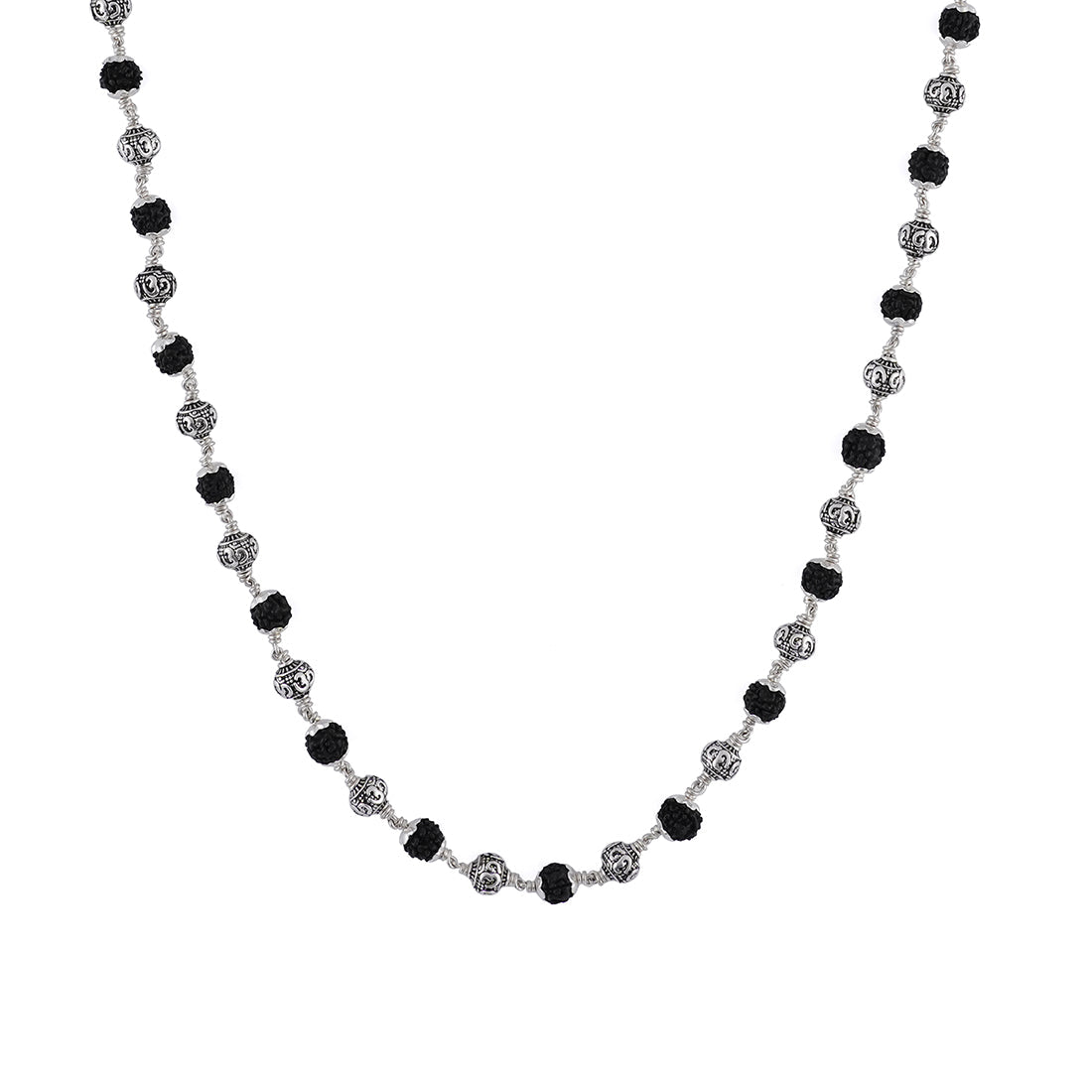 BLACK RUDRAKSHA WITH OM SILVER BEADS MALA