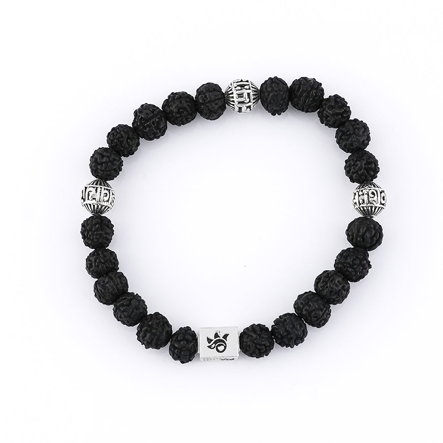 Black Rudraksha with Om Namah Shivay Silver Beads Bracelet