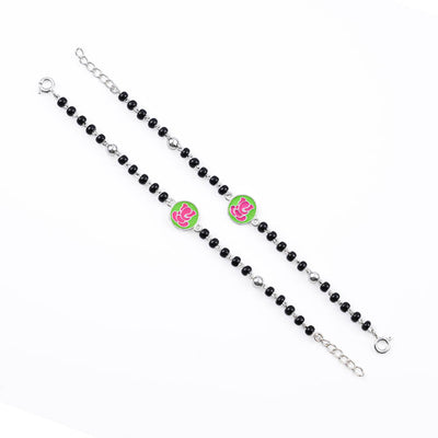 Real black beads pink Ganesh silver nazariya for kids