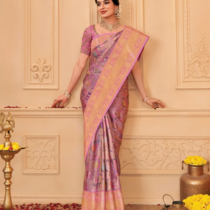 Lavender Handloom Kanchipuram Silk Saree With Meena Bird Zari Motifs